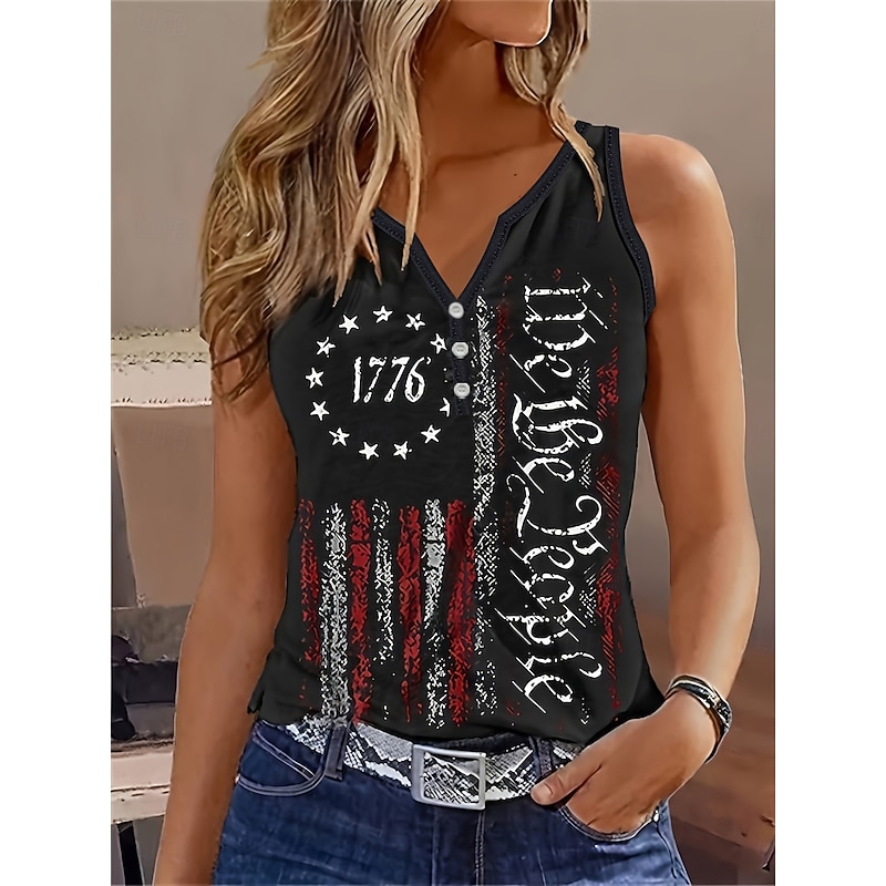 Women's Patriotic  Camisole Tank Top Flag Daily Stylish Sleeveless Notched Neck Regular Tops Daily Holiday Buttons Print Black Summer