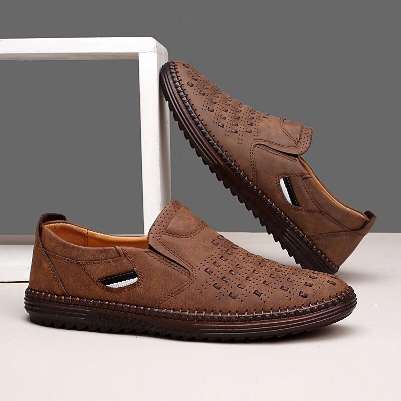 Men's Brown Suede Slip-On Loafers - Breathable Hollow-Out Casual Shoes for Summer & Work4