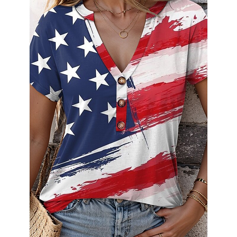 Women's Patriotic  T Shirt Graphic Flag Casual Red White And Blue Short Sleeve V Neck Regular Tops Daily Print Blue Summer3