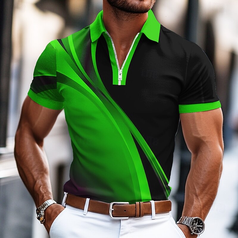 Men's Geometic Line Zip Polo Shirts Short Sleeve Polo Shirts Collared Shirts Business Casual Business Athleisure Wear to work Daily Wear 3D Print Summer Blue Purple Green3
