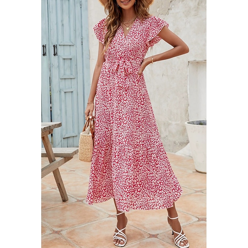 Women's Midi Dress Floral Dress Print Dress Modern Outdoor Holiday Weekend Regular Fit Flower Short Sleeve V Neck Black Wine Light Blue Summer3