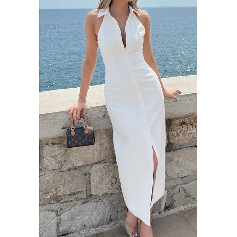 Women's Midi Dress White Dress Graduation Dress Fashion Birthday Holiday Graduation Regular Fit Plain Sleeveless Shirt Collar Black White Summer