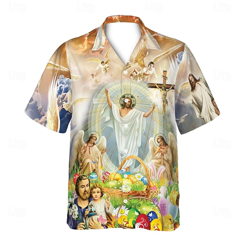 Easter Men's Chick Jesus Easter Egg Shirt Cuban Collar Shirt Button Up Shirt Short Sleeve Vintage Retro Vacation Holiday Festival Summer Spring Camp Collar Shirt 3D Print Khaki