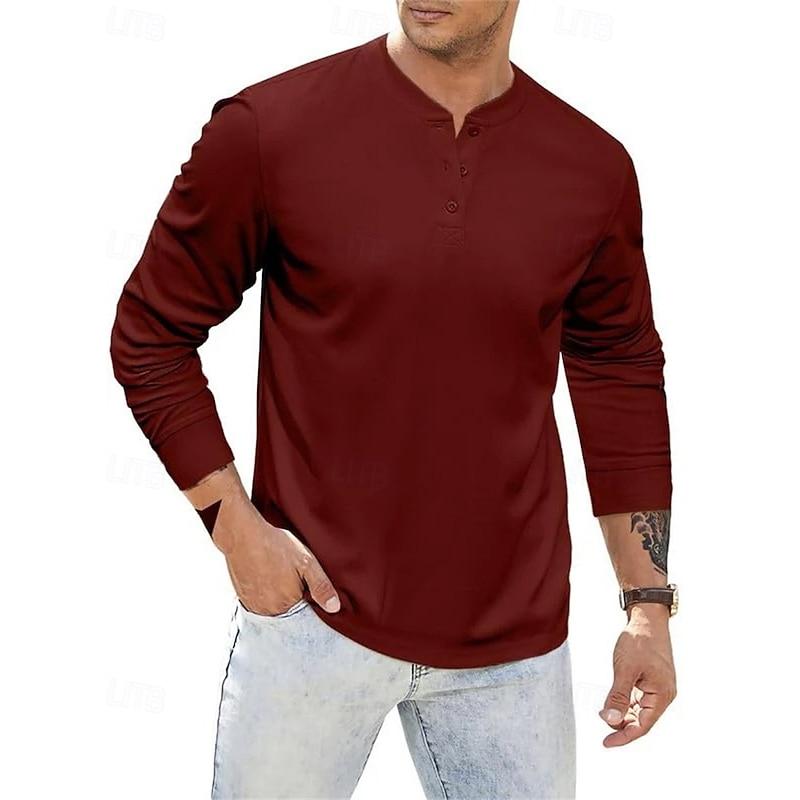 Men's Button T Shirt T Shirt Henley Shirt Tee Long Sleeve Henley Summer Spring Plain Fashion Designer Basic Buttons Vacation Street Going out Apricot Black Wine Top Tee for Men4