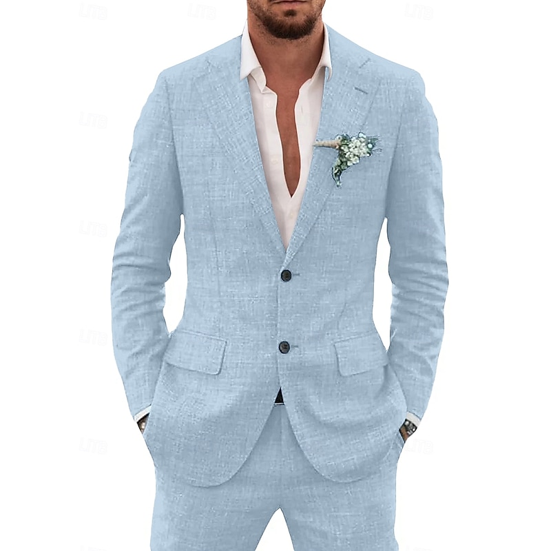 Men's Beach Wedding Linen Suits Notch Notch Lapel Sky Blue Beige Solid Colored Tailored Fit 2 Piece Single Breasted Two-buttons