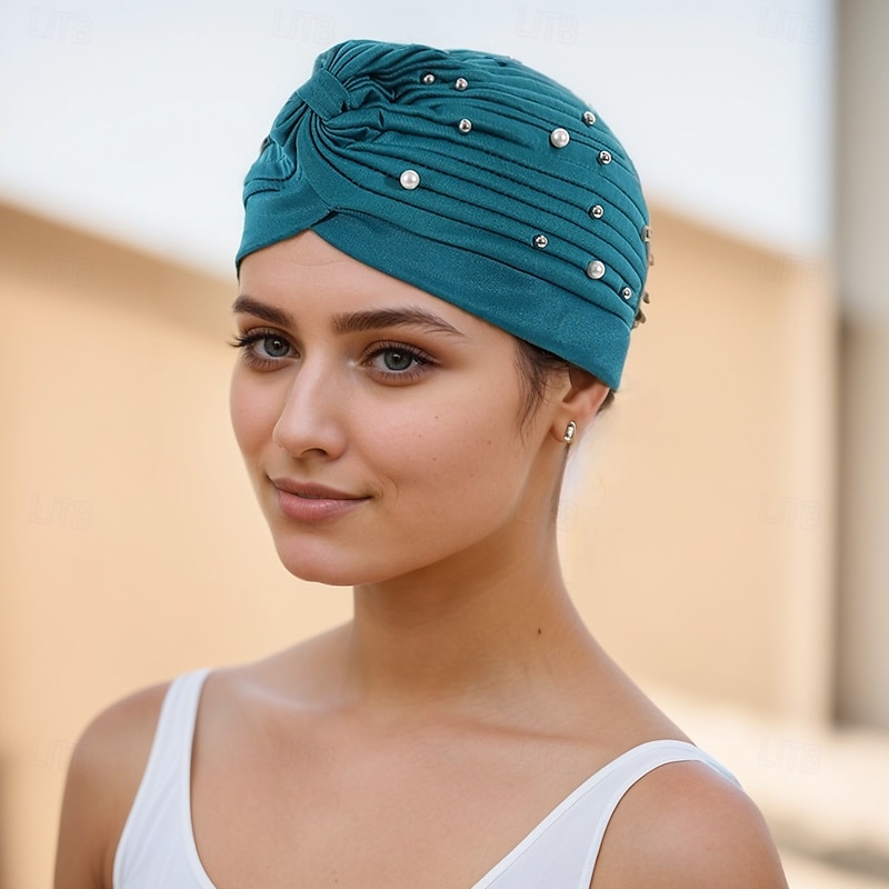 Headwear Polyester / Cotton Blend Floppy Hat Turbans Casual Church With Beading Pure Color Headpiece Headwear