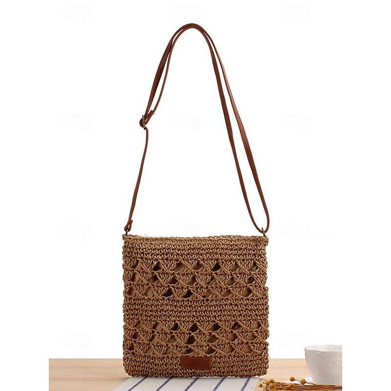 Handwoven Straw Crossbody Bag for Women – Boho Rattan Shoulder Bag with Adjustable Strap, Lightweight Summer Beach Purse for Vacation, Travel & Casual Outings Army Green Brown Khaki4