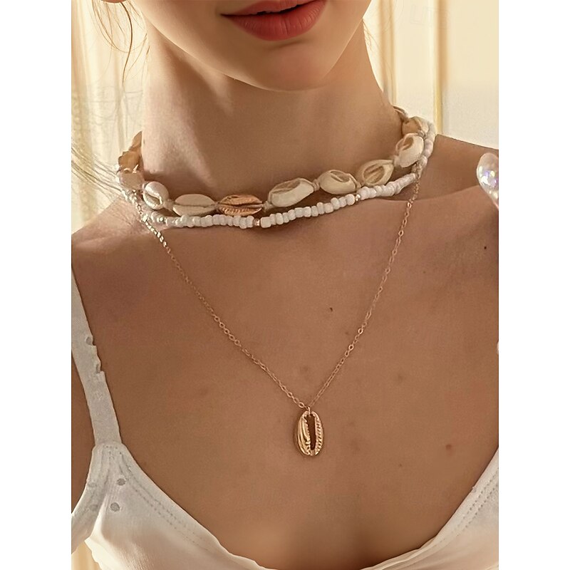Women's Boho Cowrie Shell Necklace Set – Layered Beach Jewelry with Gold Accents, Handmade Summer Surf Choker for Vacation, Festivals & Casual Wear2