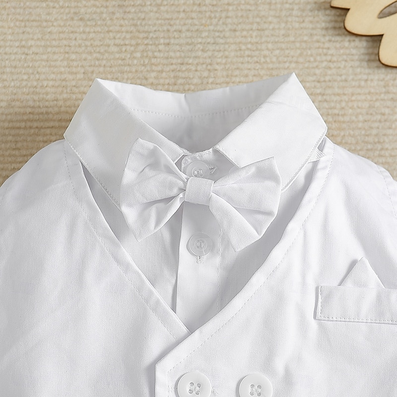 3 Pieces Ring Bearer Suit Boys Kids Toddler Vest & Shirt & Pants School Formal Birthday Basic Gentle Preppy Style Solid Color V Neck White Cotton4