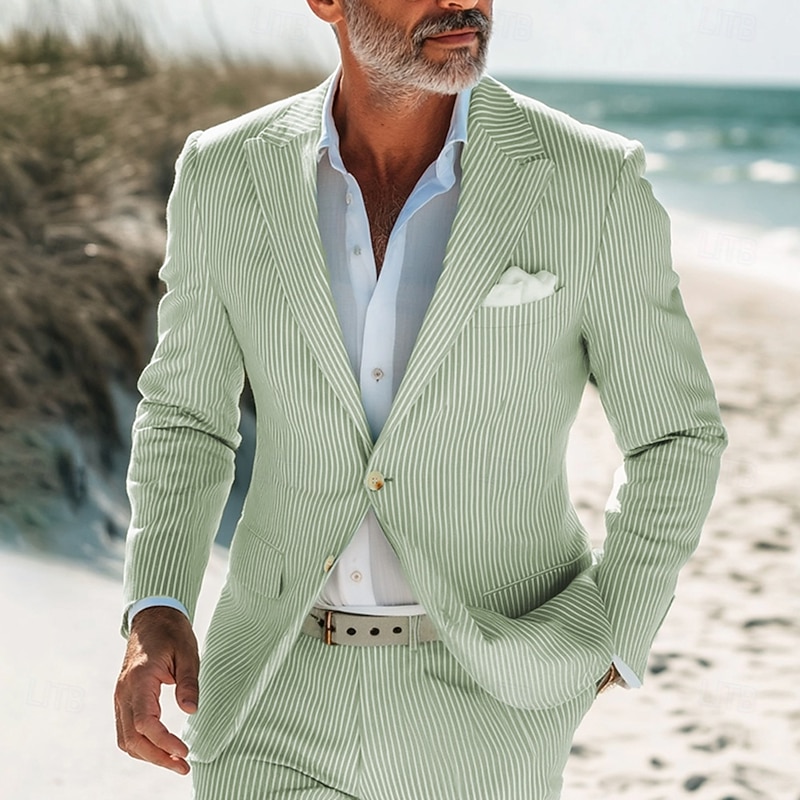 Men's Beach Wedding Suits Sage Lightweight Solid Colored Standard Fit 2 Piece Single Breasted Two-buttons