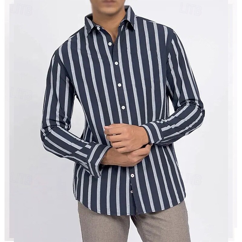Men's Summer Shirt Casual Shirt Beach Shirt Button Up Shirt Red Dark Navy Blue Long Sleeve Stripes Lapel Vacation Hawaiian Button-Down Clothing Apparel Polyester Fashion Casual Comfortable2