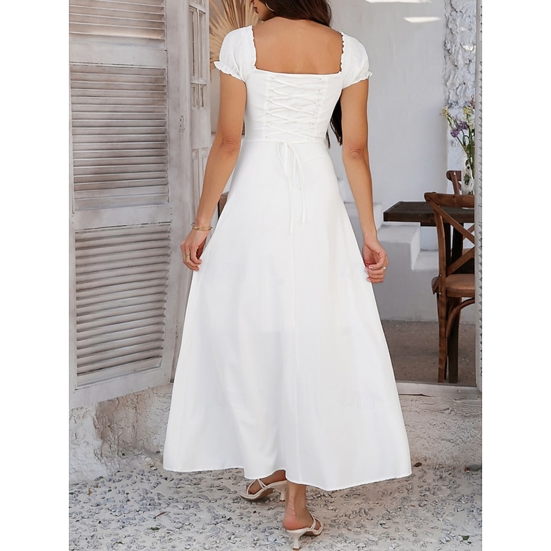 Women's Long Dress Maxi Dress White Dress Casual Dress Swing Dress Summer Dress Fashion Modern Elegant Dress Daily Date Weekend Regular Fit Plain Short Sleeve Square Neck Black White Yellow Navy Blue4