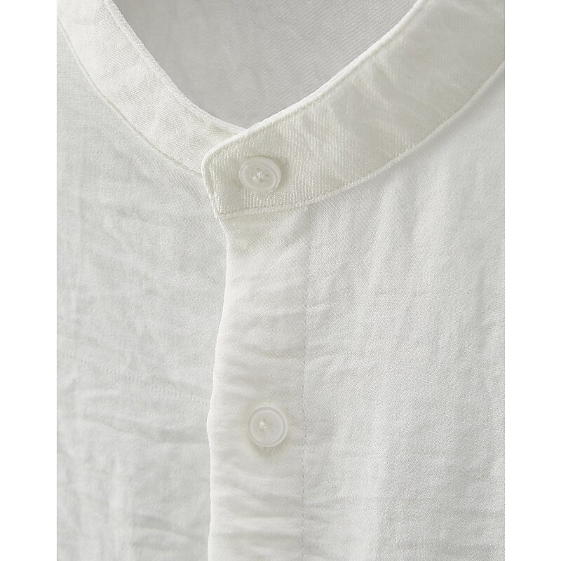 Men's Shirt Summer Shirt Casual Shirt Beach Shirt Button Up Shirt White Purple Long Sleeve Plain Grandad Collar Stand Collar Vacation Hawaiian Front Pocket Clothing Apparel Polyester Fashion Casual4