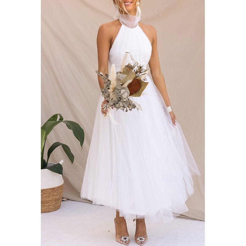 Women's Midi Dress Cocktail Dress Halter Neck Dress Elegant Fashion Party Birthday Tea Party Regular Fit Plain Sleeveless Halter Neck White Pink Apricot Summer2