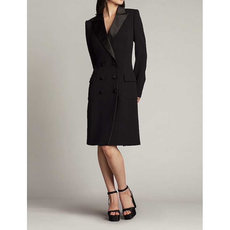 Tuxedo Dress Sheath / Column Wedding Guest Church Satin Elegant Simple Long Sleeve Midi Length Notched Lapels Double Breasted2