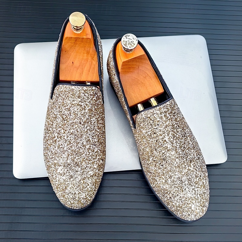Men's Prom Shoes - Gold Glitter Slip-On Loafers for Glamorous Evening Wear3