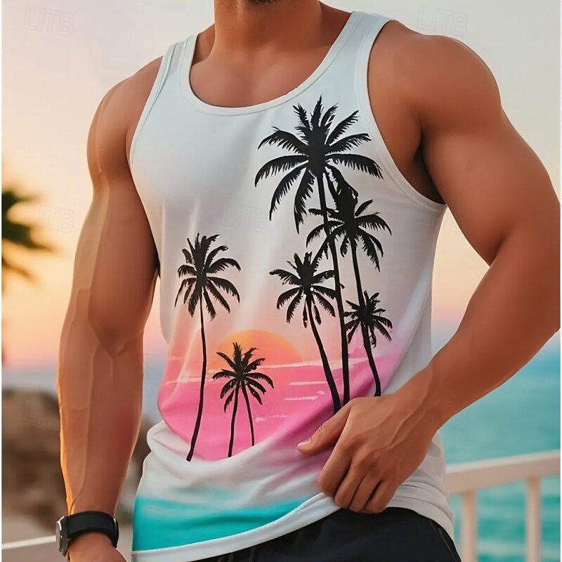 Men's Tank Top Vest Top Undershirt Sleeveless Shirt Sleeveless Crew Neck Summer Coconut Tree Sports Fashion Comfortable Print Casual Beach Gym Pink Blue Top Tee for Men2