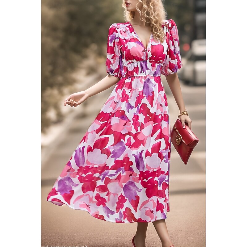 Women's Midi Dress Graduation Dress Floral Dress Fashion Outdoor Graduation Going out Regular Fit Flower Short Sleeve V Neck Black Light Green Red Blue Summer