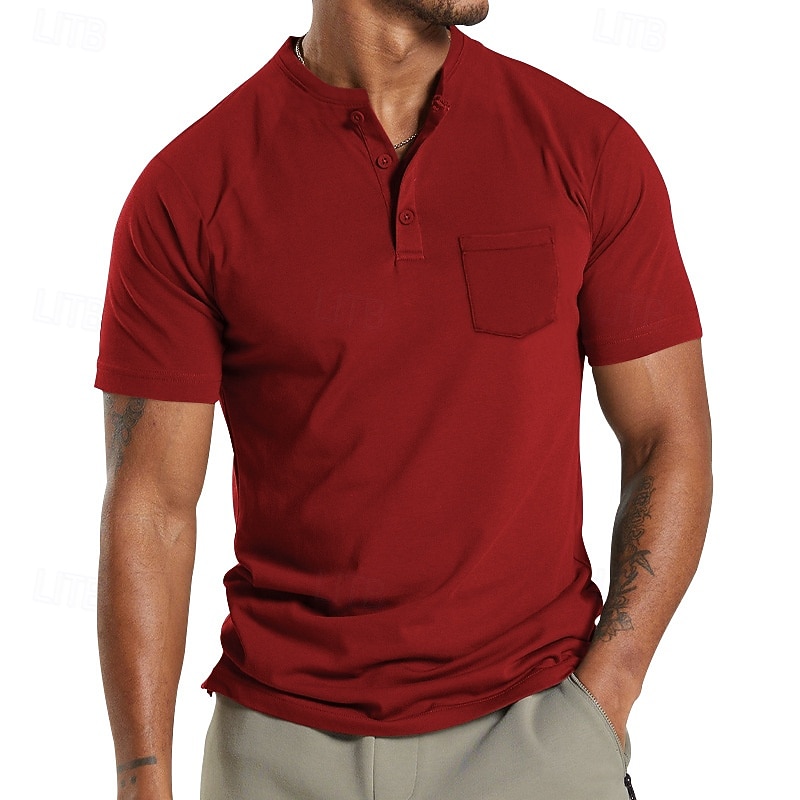 Men's Button T Shirt T Shirt Henley Shirt Tee Short Sleeve Henley Summer Plain Fashion Designer Basic Pocket Vacation Street Going out Black White Red Top Tee for Men
