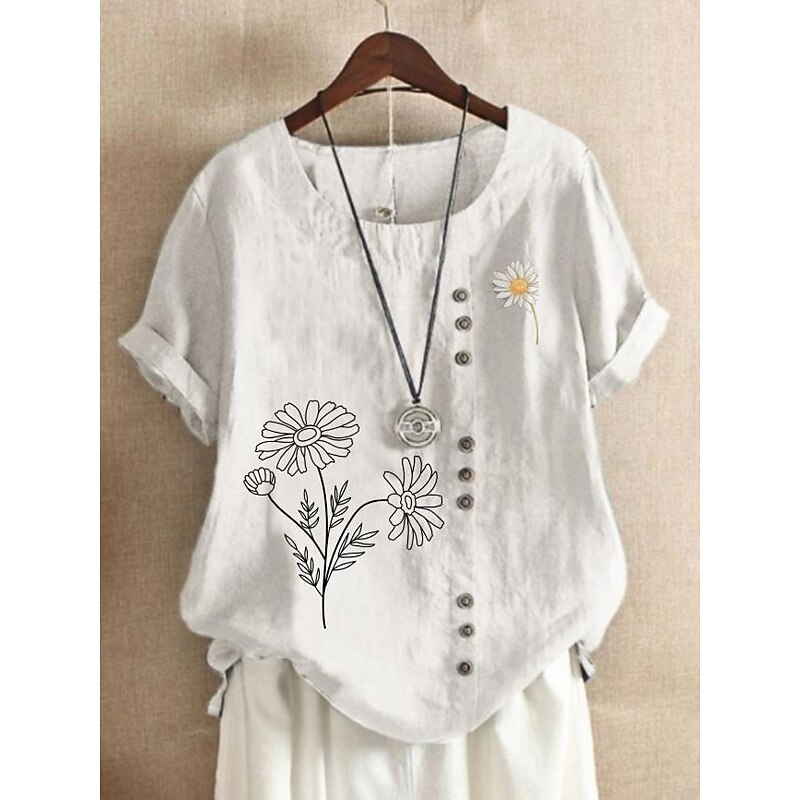 Women's Shirt Blouse Floral Graphic Elegant Daily Short Sleeve Crew Neck Regular Tops Daily Linen Like Print White Pink Dusty Blue Summer