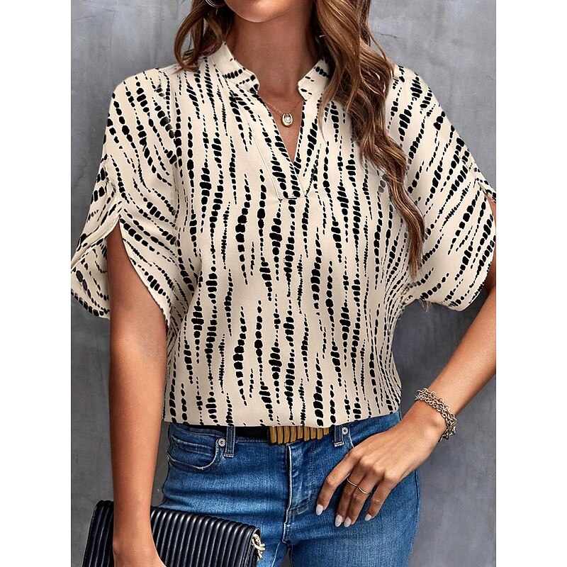 Women's Blouse V Neck Polka Dot Striped Elegant Stylish Beach Short Sleeve Notched Neck Regular Tops Daily Print Khaki Summer3