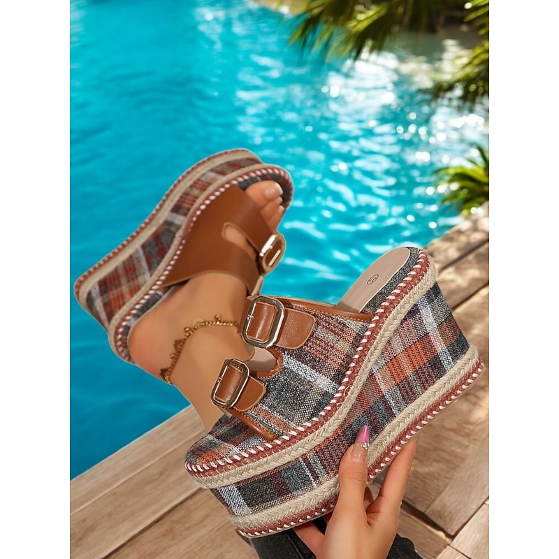 Women's Plaid Platform Wedge Sandals – Trendy Buckle Strap Slip-On Shoes with Jute Detailing for Summer Beach Vacations and Casual Outings3
