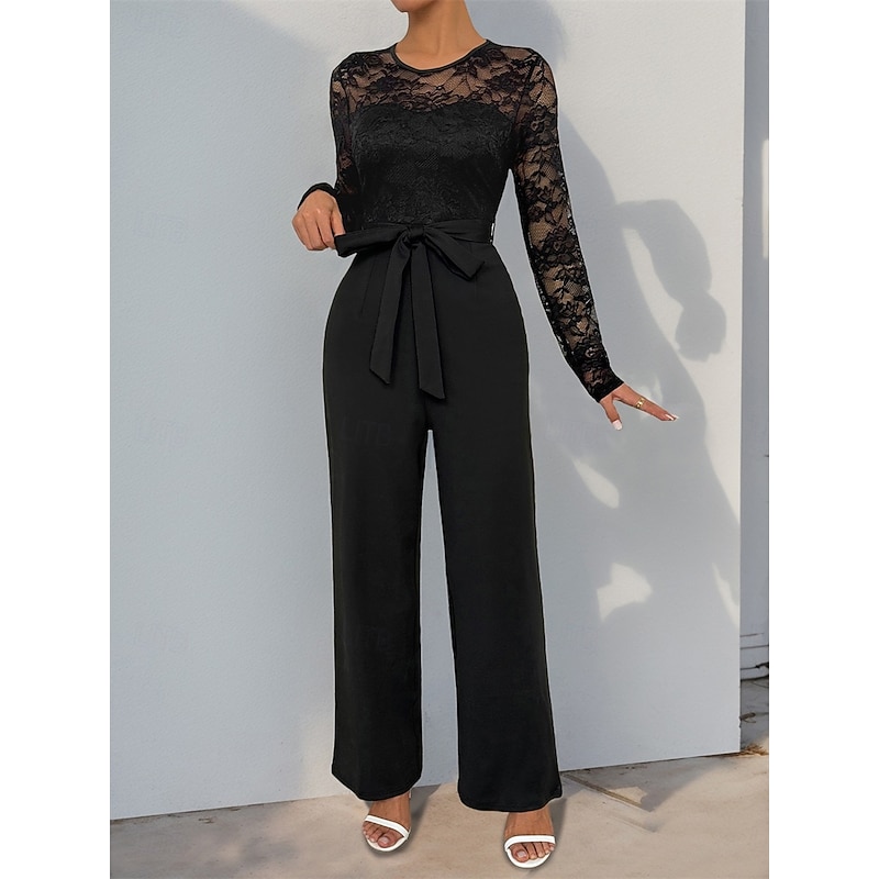 Jumpsuit / Pantsuit Mother of the Bride  Elegant Casual Jewel Neck Floor Length Polyester Long Sleeve with Lace3