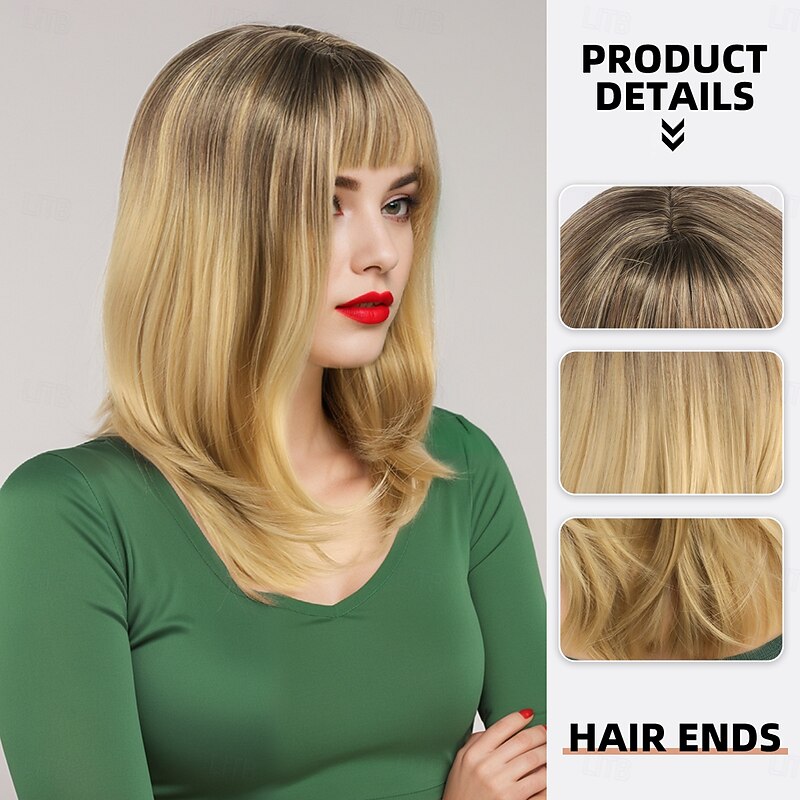 Synthetic Wig Body Wave Curly Weave Asymmetrical Neat Bang Machine Made Wig 18 inch A1 Synthetic Hair Women's Classic Comfortable Color Gradient Yellow2