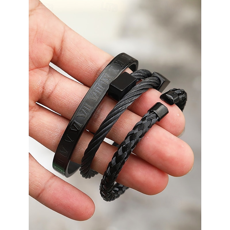 Men's Gold Stainless Steel Bracelet Set – Roman Numeral, Braided, and Cable Wire Cuff Bangles, Stylish Stackable Jewelry for Business, Casual, and Party Wear