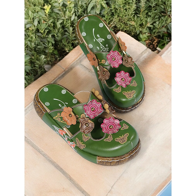 Women's Floral Leather Clog Sandals – Handmade Bohemian Slip-On Wedge Mules with Cutout Design for Casual Wear and Outdoor Comfort4