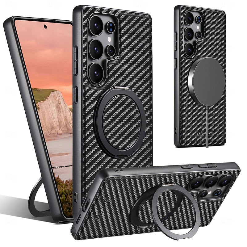 Phone Case For Samsung Galaxy S25 S24 S23 Ultra Plus S22 Plus  Ultra Back Cover with Stand Holder Magnetic Support Wireless Charging Retro TPU Carbon Fiber PC