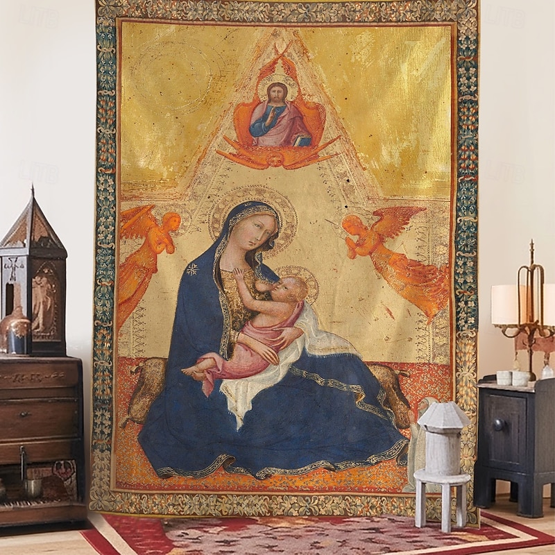 Medieval Tapestry Middle Age Tapestry Byzantine Art Large Tapestry Mural Decor Photograph Backdrop Home Bedroom Living Room Madonna of Humility, The Blessing Christ, Two Angels, and a Donor2