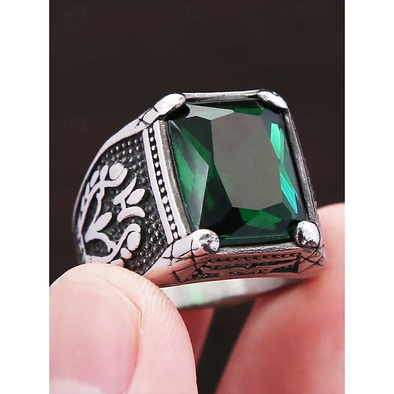Vintage Men's Stainless Steel Emerald Gemstone Ring - Vintage Gothic Silver Statement Ring, Engraved Antique Style, Fashion Jewelry for Weddings, Parties and Daily Wear