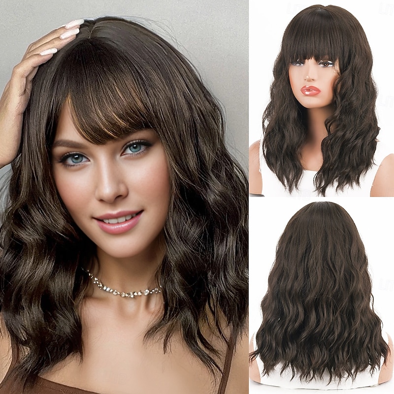 Synthetic Wig Body Wave Wavy Layered Haircut Neat Bang Machine Made Wig 18 inch A1 Synthetic Hair Women's Classic Highlighted / Balayage Hair Natural Hairline Black