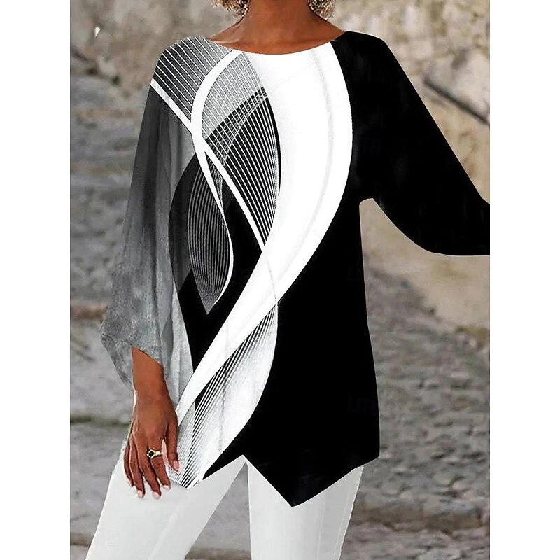 Women's Blouse Long Sleeve Asymmetrical Hem Graphic Geometric Stylish Beach 3/4 Length Sleeve Crew Neck Regular Tops Daily Print Black Pink Blue Green Spring Fall