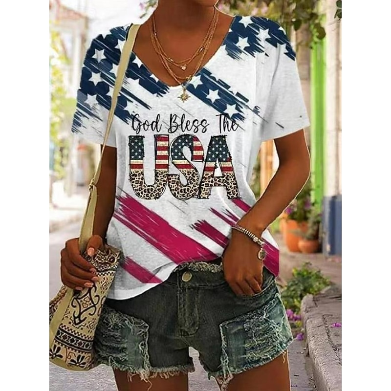 Women's Patriot Veteran Patriotic  Blouse Flag Casual Red White And Blue Short Sleeve V Neck Regular Tops Daily Print Blue Summer Spring4