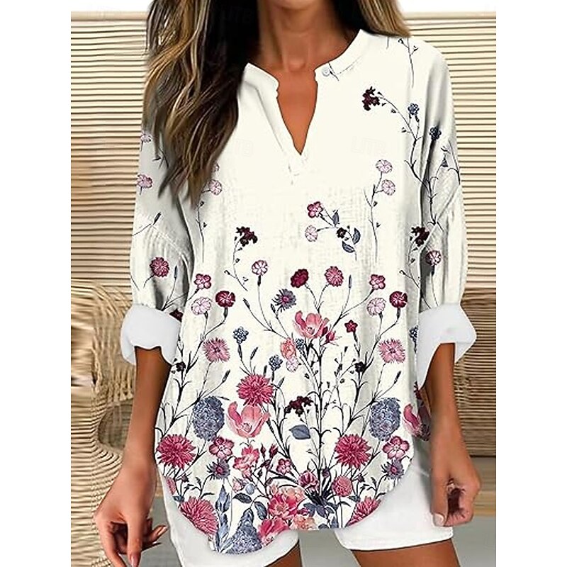 Women's Blouse Tunic V Neck Long Sleeve Boho Casual Tops Floral Graphic Vintage Tropical Regular Tops Daily Wear Print White Pink Blue Green Gray3