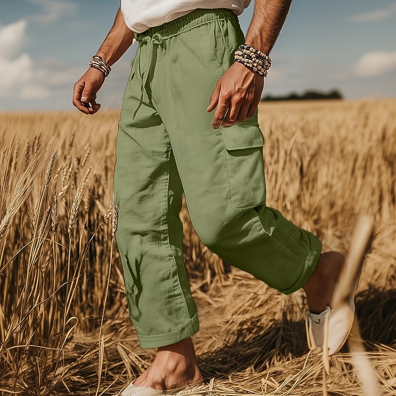 Men's Cargo Pants Linen Pants Trousers Summer Pants Beach Pants Drawstring Elastic Waist Multi Pocket Plain Comfort Breathable Full Length Outdoor Casual Holiday Fashion Retro Vintage Black White4