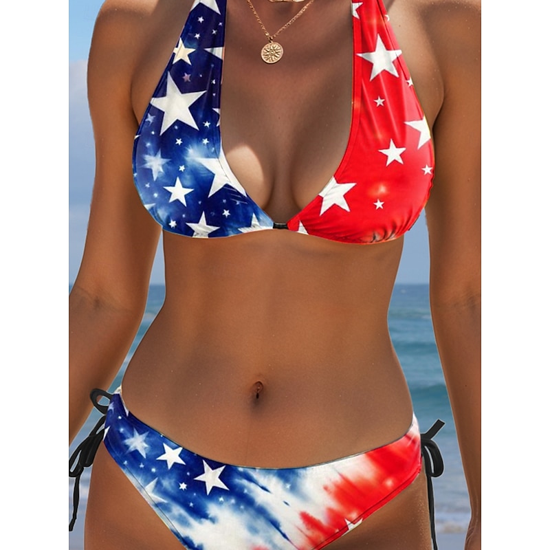 Women's Swimsuits Patriotic  Bikini 2 Piece Cheeky Swimsuit Backless Slim Vacation Beach Wear Graphic Flag V Neck Sleeveless Bathing Suits3