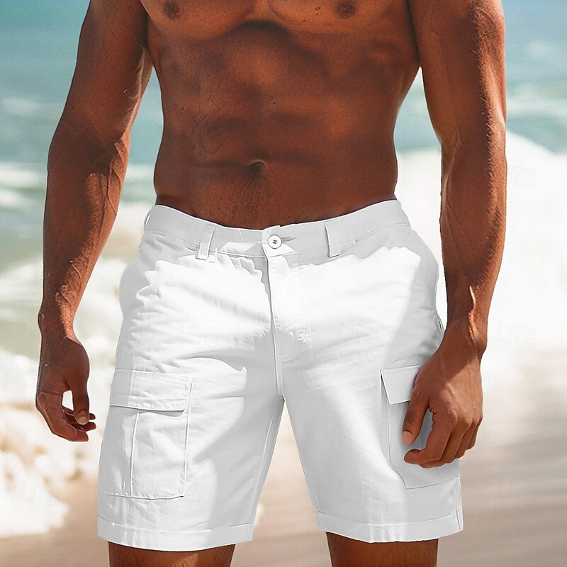 Men's Cargo Shorts Linen Shorts Summer Shorts Beach Shorts Buttons Multi Pocket Straight Leg Plain Comfort Breathable Knee Length Outdoor Daily Holiday Vacation Fashion White Sky Blue2