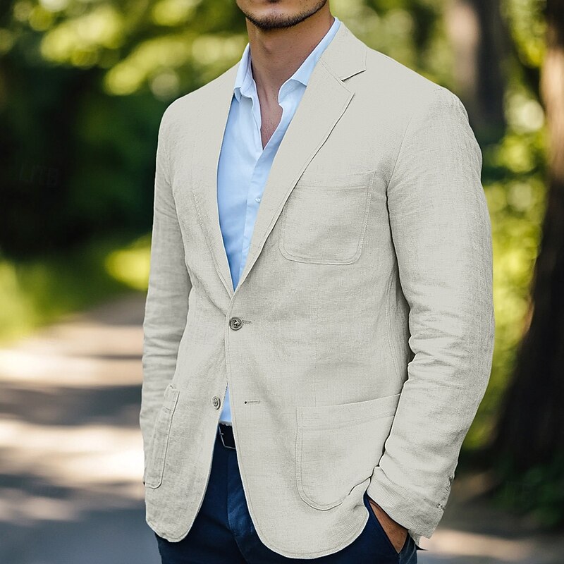 Men's Linen Blazer Sport Coat Wedding Casual Daily Fashion All Seasons Cotton Linen Solid Colored Basic Single Breasted Two-button Blazer White Sky Blue Beige3
