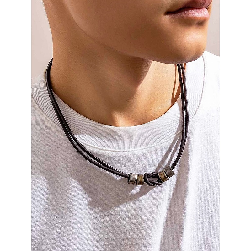 Men's Leather Necklace and Bracelet Set – Vintage Knot Design with Metal Accents, Adjustable Handmade Jewelry for Casual, Biker, and Boho Style, Perfect for Daily Wear and Gifts3