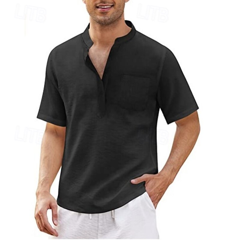 Men's Shirt Summer Shirt Casual Shirt Beach Shirt Button Up Shirt Black White Blue Deep Blue Army Green Short Sleeve Plain Standing Collar Vacation Hawaiian Pocket Clothing Apparel Polyester Fashion2