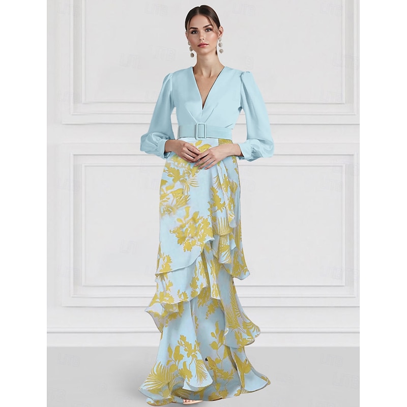 A-Line Evening Gown Elegant Dress Formal Wedding Floor Length Long Sleeve V Neck Chiffon with Floral Print Wedding Guest Dress2