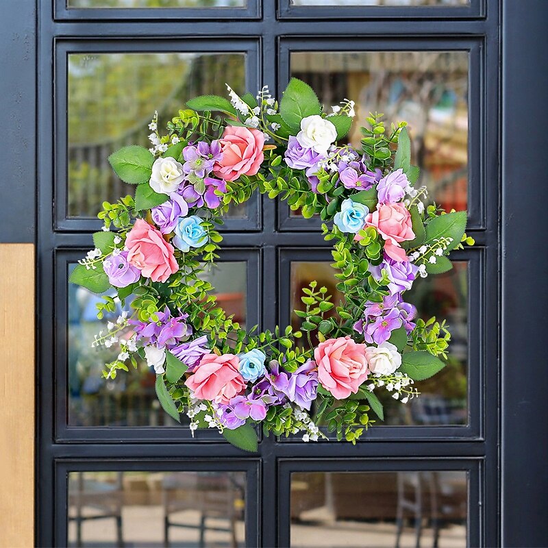 Spring Wreath European-Style Pink & Purple Rose - 45cm Large Artificial Floral Wall Hanging Decoration2