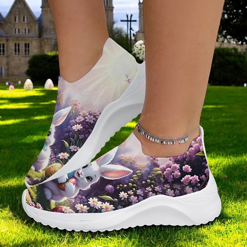 Easter Bunny Printed Slip-On Sneakers – Lightweight Breathable Walking Shoes for Women, Cute Holiday Footwear