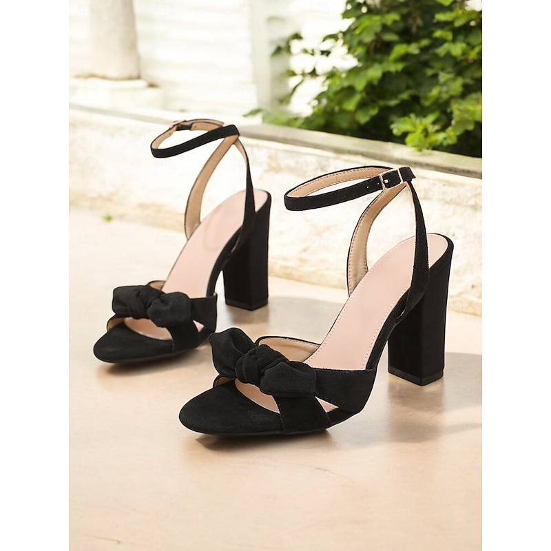Women's Black Block Heel Sandals – Ankle Strap Slingbacks with Bow Accent for Casual Dates and Urban Chic