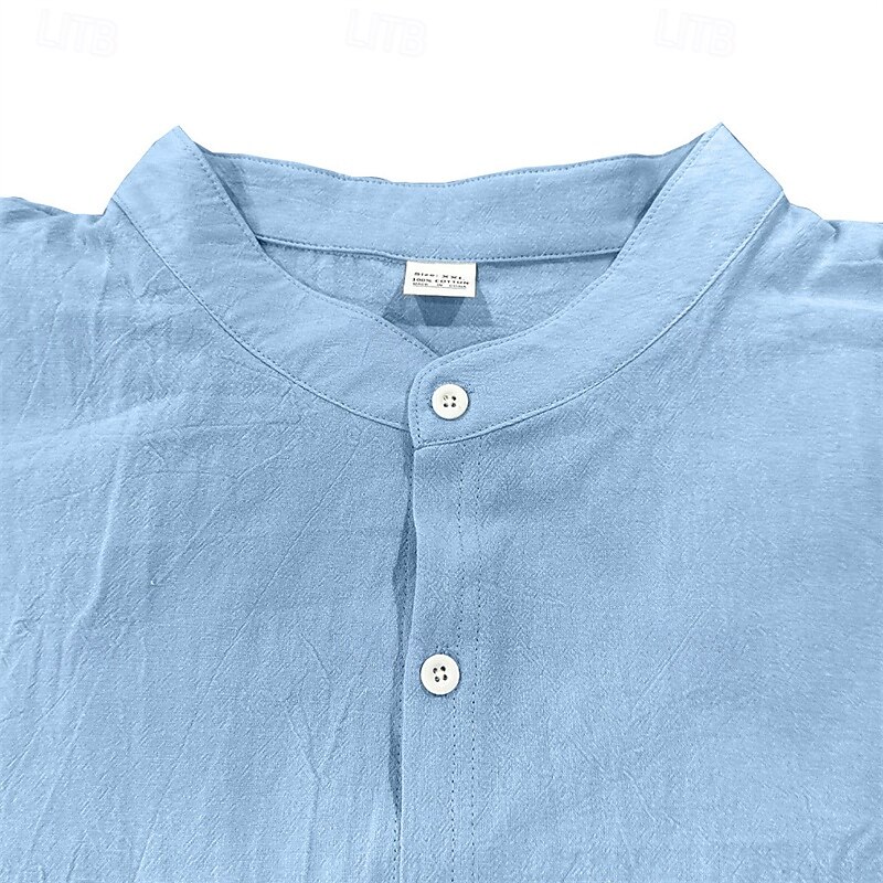 Men's Cotton Linen Shirt Plain Vacation Black White Khaki Dark Gray Long Sleeve Grandad Collar Clothing Apparel4