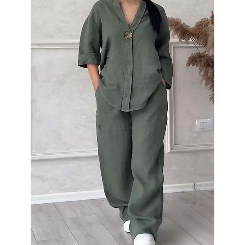 Women's 2 Pieces Set Elegant Fashion Streetwear Shirt Blouse Short Sleeve Shirt Collar Solid Color Outdoor Work Casual White Pink Army Green Summer Regular Fit3