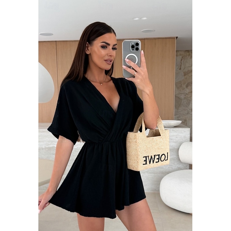 Women's Romper Casual Solid Color Half Sleeve T-shirt Sleeve V Neck Elastic Waist High Waist Daily Regular Fit Black White Pink Summer3